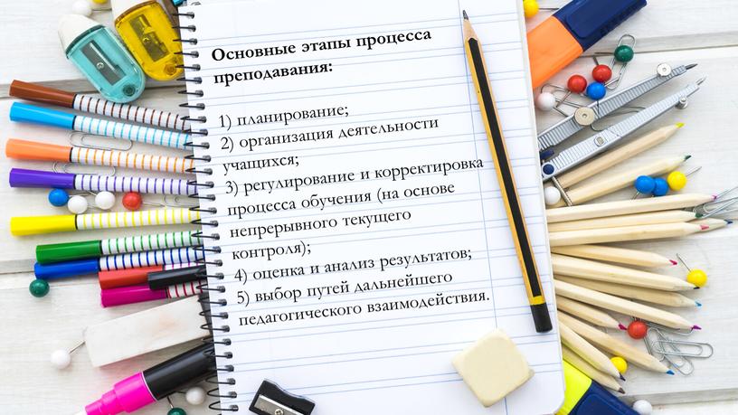 Основные этапы процесса преподавания: 1) планирование; 2) организация деятельности учащихся; 3) регулирование и корректировка процесса обучения (на основе непрерывного текущего контроля); 4) оценка и анализ…