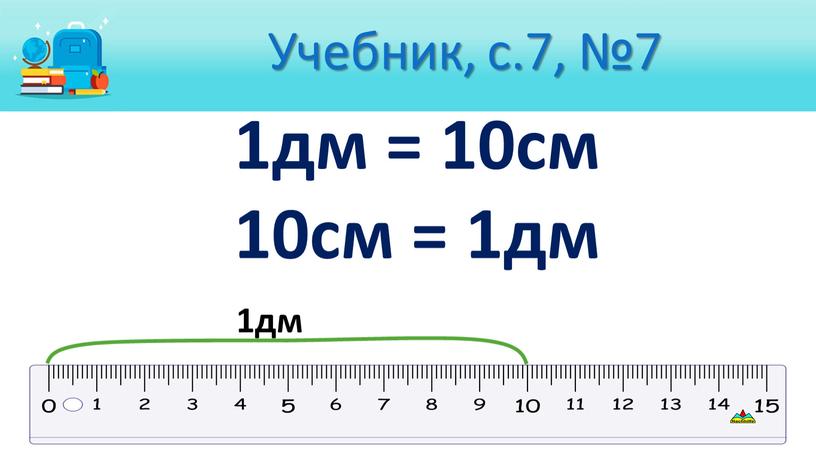 Учебник, с.7, №7 1дм = 10см 10см = 1дм 1дм