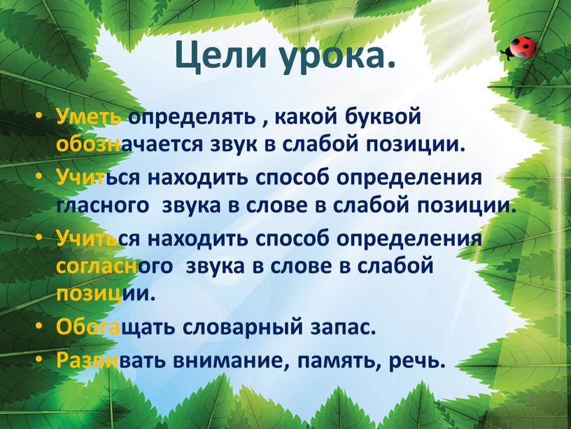 Цели урока. Уметь определять , какой буквой обозначается звук в слабой позиции