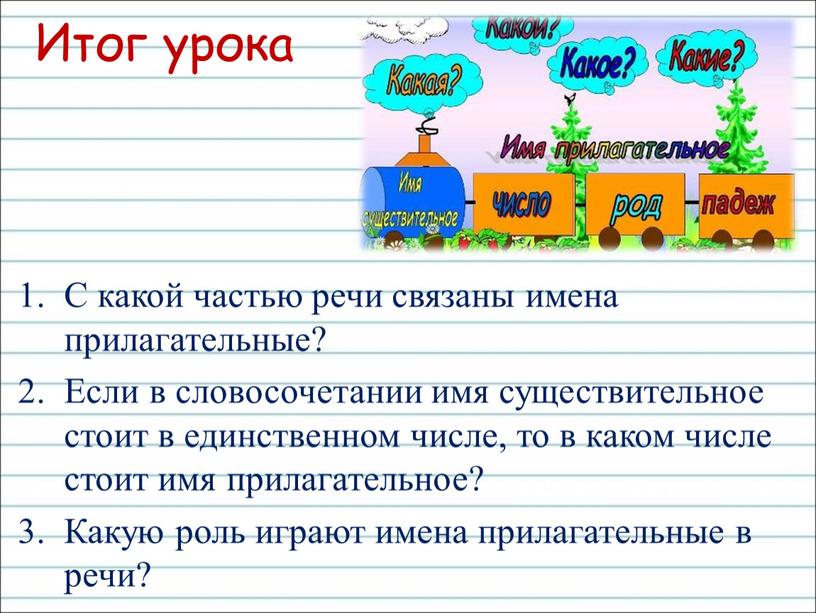 Итог урока С какой частью речи связаны имена прилагательные?