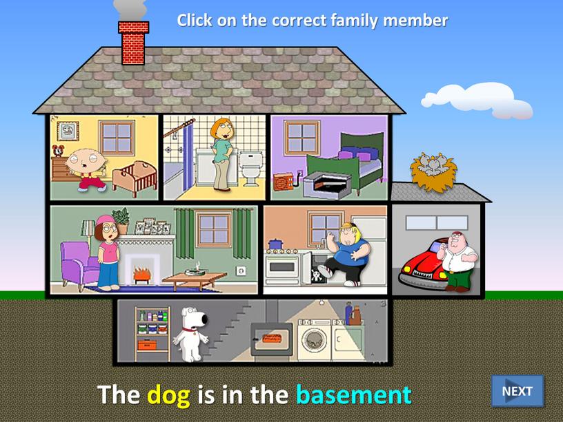 The dog is in the basement Click on the correct family member