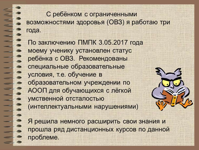 С ребёнком c ограниченными возможностями здоровья (ОВЗ) я работаю три года