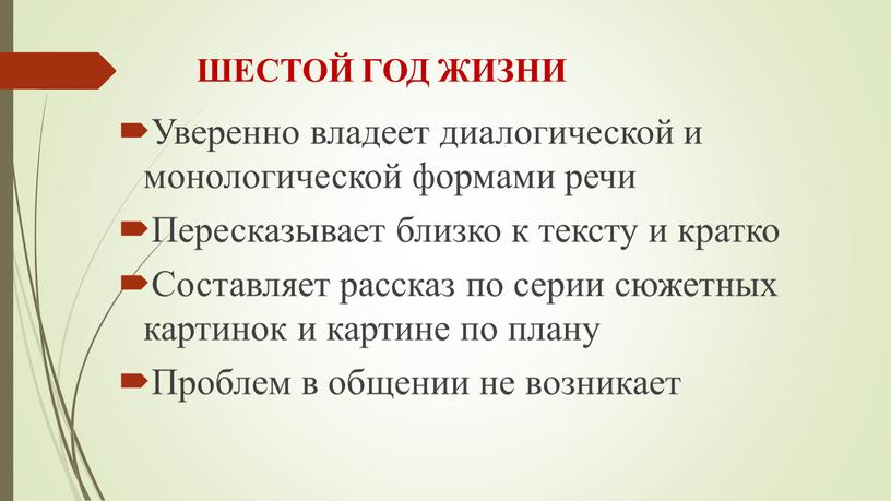 ШЕСТОЙ ГОД ЖИЗНИ Уверенно владеет диалогической и монологической формами речи