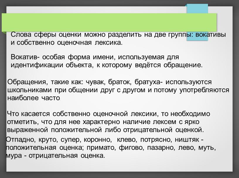 Слова сферы оценки можно разделить на две группы: вокативы и собственно оценочная лексика