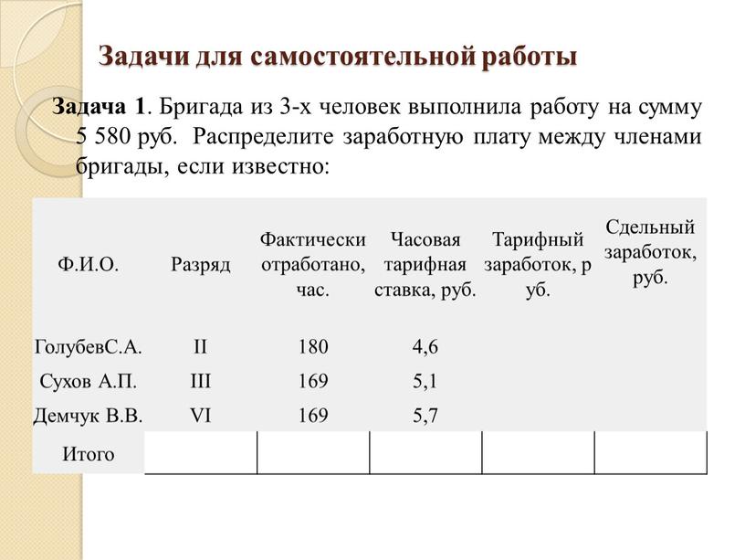 Задачи для самостоятельной работы