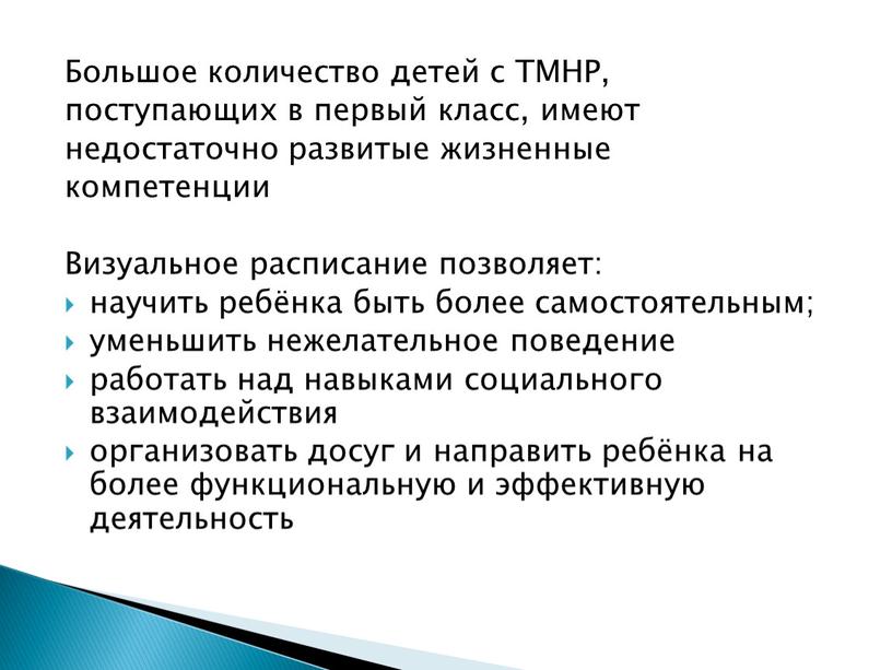 Большое количество детей с ТМНР, поступающих в первый класс, имеют недостаточно развитые жизненные компетенции