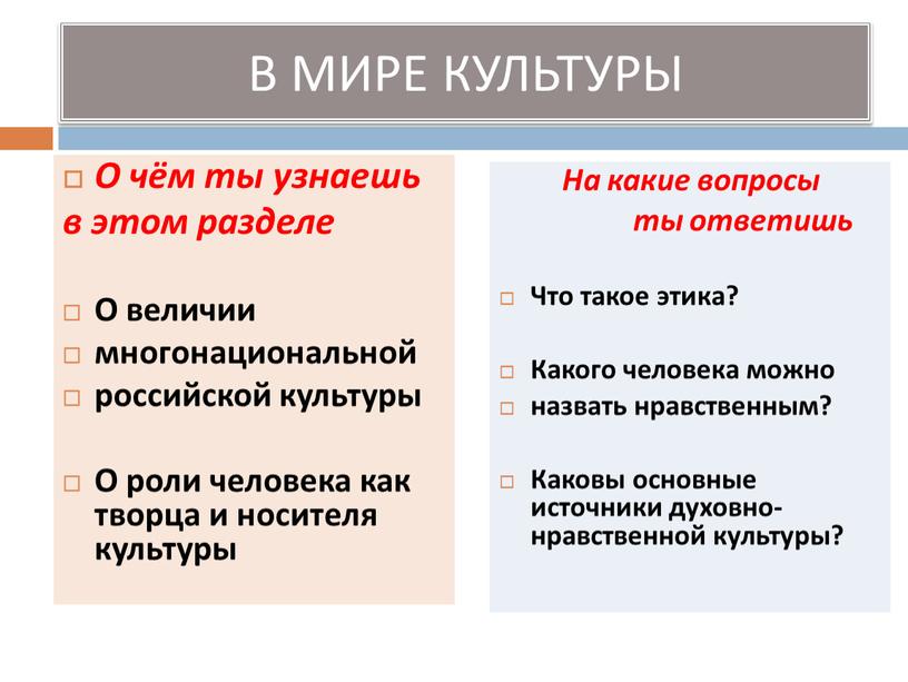 В МИРЕ КУЛЬТУРЫ О чём ты узнаешь в этом разделе