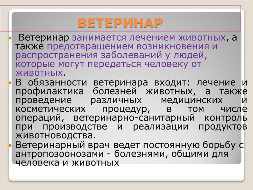 ВЕТЕРИНАР Ветеринар занимается лечением животных, а также предотвращением возникновения и распространения заболеваний у людей, которые могут передаться человеку от животных