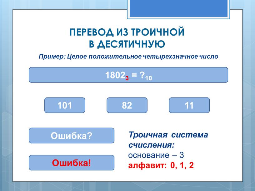 Пример: Целое положительное четырехзначное число 18023 = ?10