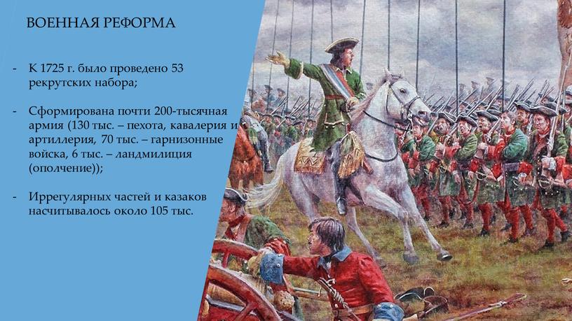 ВОЕННАЯ РЕФОРМА К 1725 г. было проведено 53 рекрутских набора;