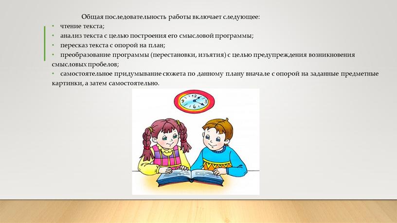 Общая последовательность работы включает следующее: чтение текста; анализ текста с целью построения его смысловой программы; пересказ текста с опорой на план; преобразование программы (перестановки, изъятия)…