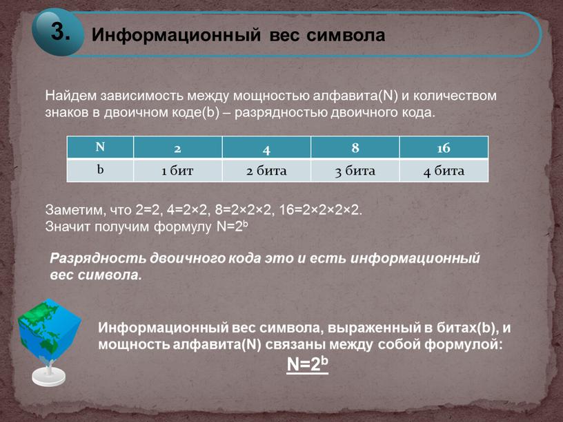 Найдем зависимость между мощностью алфавита(N) и количеством знаков в двоичном коде(b) – разрядностью двоичного кода