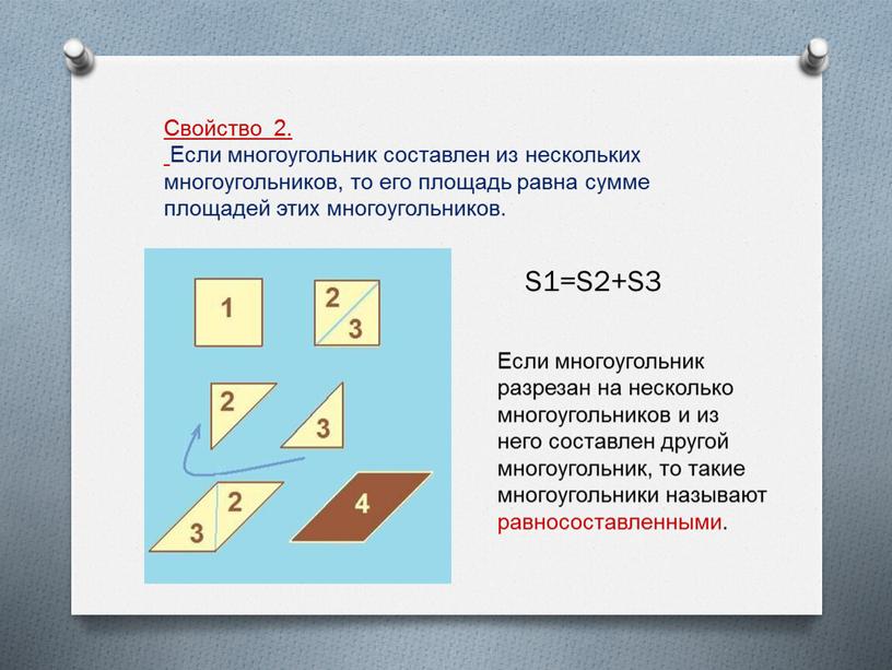 Свойство 2. Если многоугольник составлен из нескольких многоугольников, то его площадь равна сумме площадей этих многоугольников