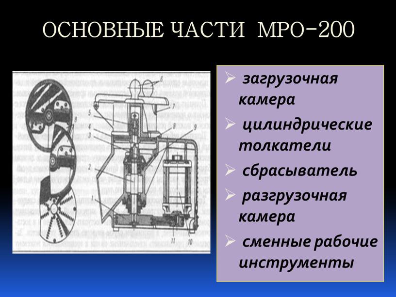 ОСНОВНЫЕ ЧАСТИ МРО-200 загрузочная камера цилиндрические толкатели сбрасыватель разгрузочная камера сменные рабочие инструменты