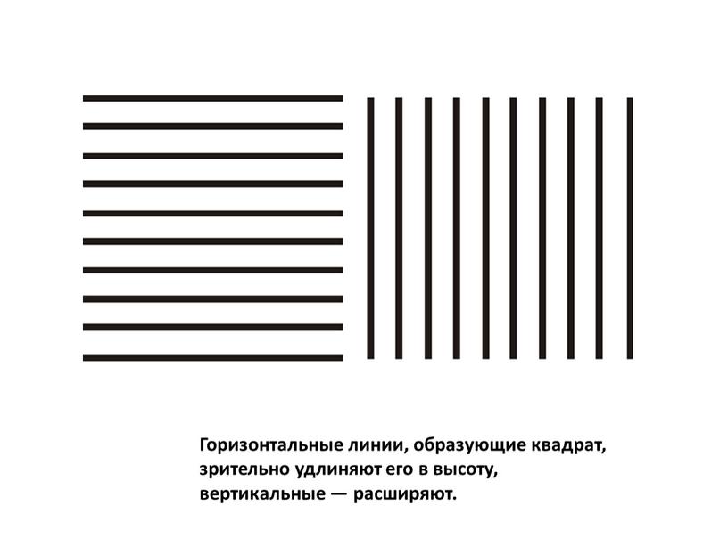 Горизонтальные линии, образующие квадрат, зрительно удлиняют его в высоту, вертикальные — расширяют