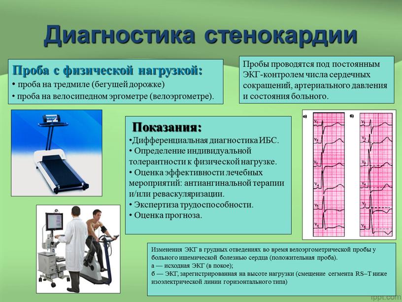 Диагностика стенокардии Проба с физической нагрузкой: проба на тредмиле (бегущей дорожке) проба на велосипедном эргометре (велоэргометре)