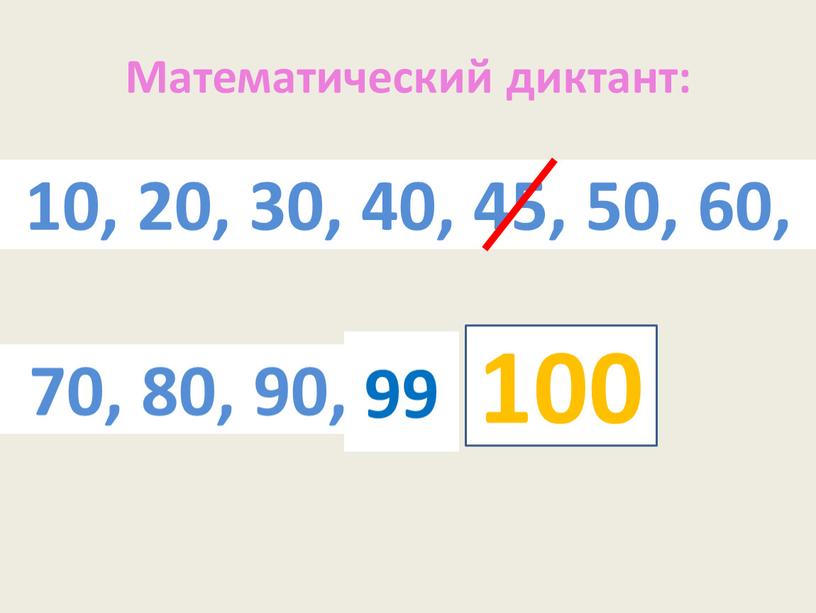 Математический диктант: 10, 20, 30, 40, 45, 50, 60, 70, 80, 90, 100 99