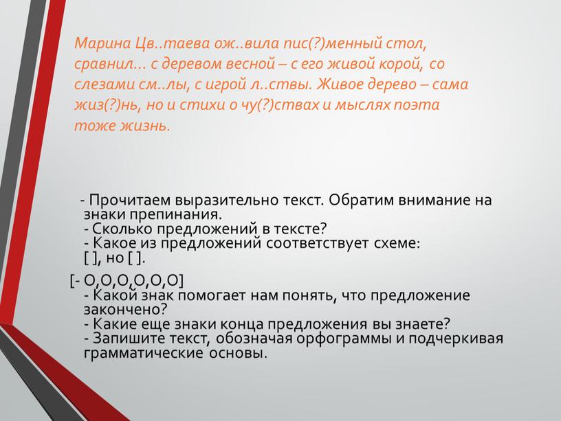 Марина Цв..таева ож..вила пис(?)менный стол, сравнил… с деревом весной – с его живой корой, со слезами см