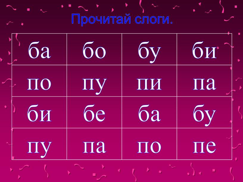 Прочитай слоги. ба бо бу би по пу пи па би бе ба бу пу па по пе