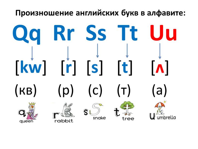 Qq Rr Ss Tt Uu [ kw ] [ r ] [ s ] [ t ] [ ʌ ] (кв) (р) (с) (т) (а)