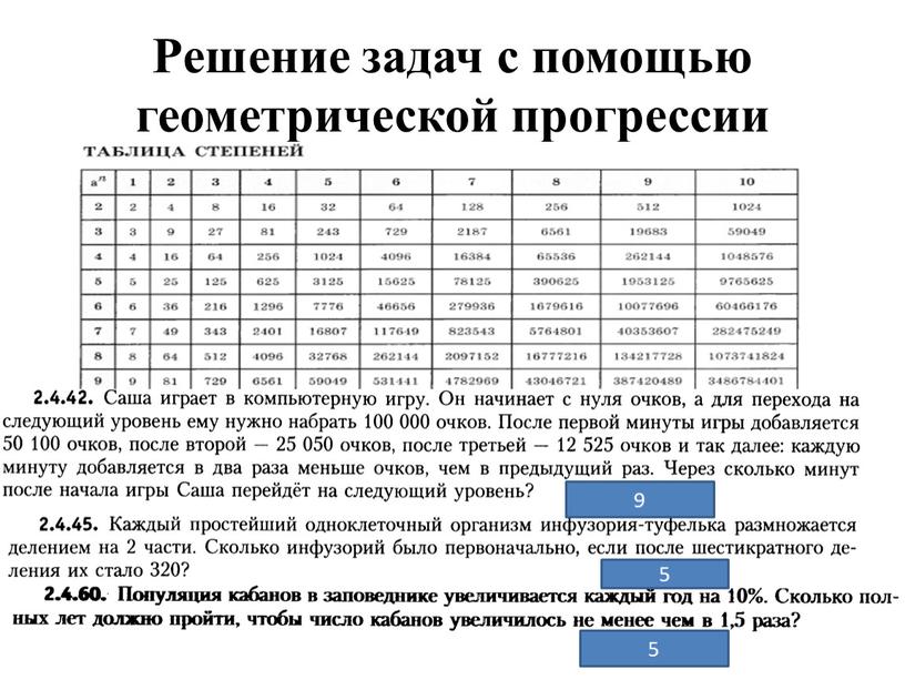 Решение задач с помощью геометрической прогрессии 9 5 5