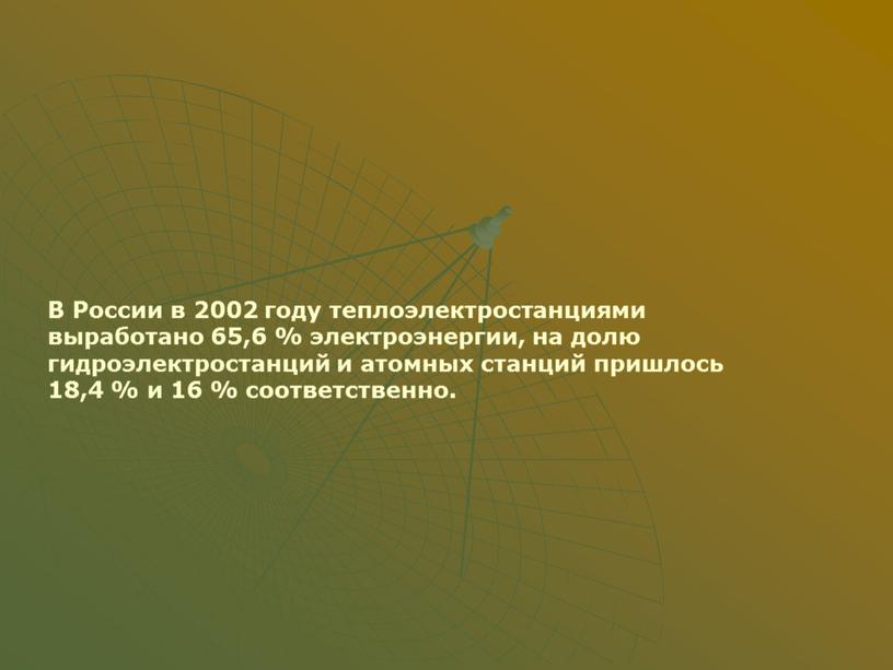 В России в 2002 году теплоэлектростанциями выработано 65,6 % электроэнергии, на долю гидроэлектростанций и атомных станций пришлось 18,4 % и 16 % соответственно