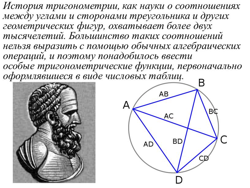 История тригонометрии, как науки о соотношениях между углами и сторонами треугольника и других геометрических фигур, охватывает более двух тысячелетий