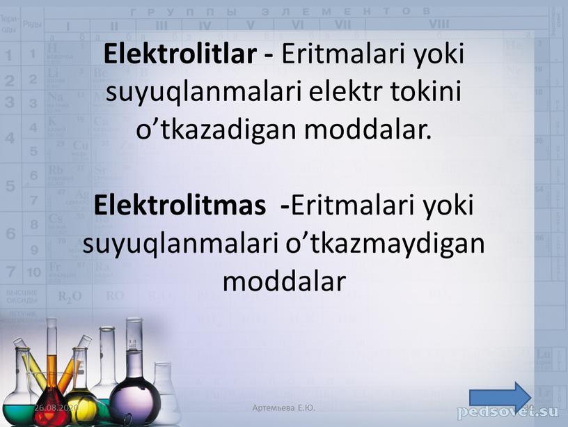 Elektrolitlar - Eritmalari yoki suyuqlanmalari elektr tokini o’tkazadigan moddalar