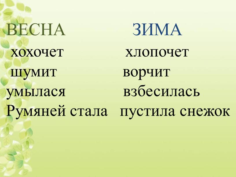 ВЕСНА ЗИМА хохочет хлопочет шумит ворчит умылася взбесилась