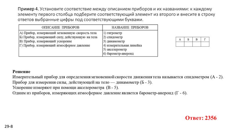 Пример 4. Уста­но­ви­те со­от­вет­ствие между опи­са­ни­ем при­бо­ров и их на­зва­ни­я­ми: к каж­до­му эле­мен­ту пер­во­го столб­ца под­бе­ри­те со­от­вет­ству­ю­щий эле­мент из вто­ро­го и вне­си­те в стро­ку от­ве­тов…