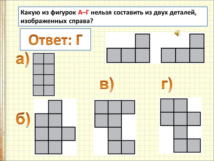 Какую из фигурок А–Г нельзя составить из двух деталей, изображенных справа? а) б) в) г)