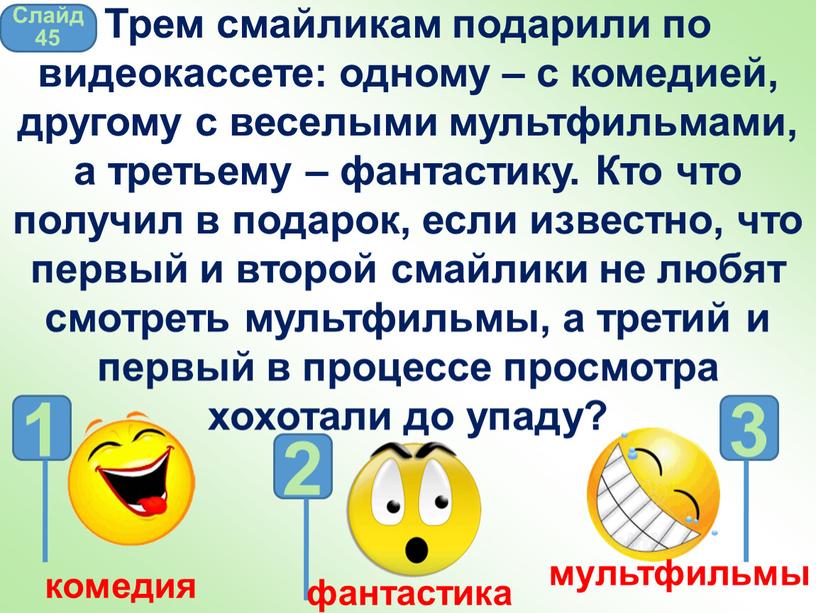 Слайд 45 Трем смайликам подарили по видеокассете: одному – с комедией, другому с веселыми мультфильмами, а третьему – фантастику