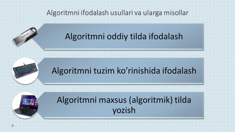 Algoritmni ifodalash usullari va ularga misollar