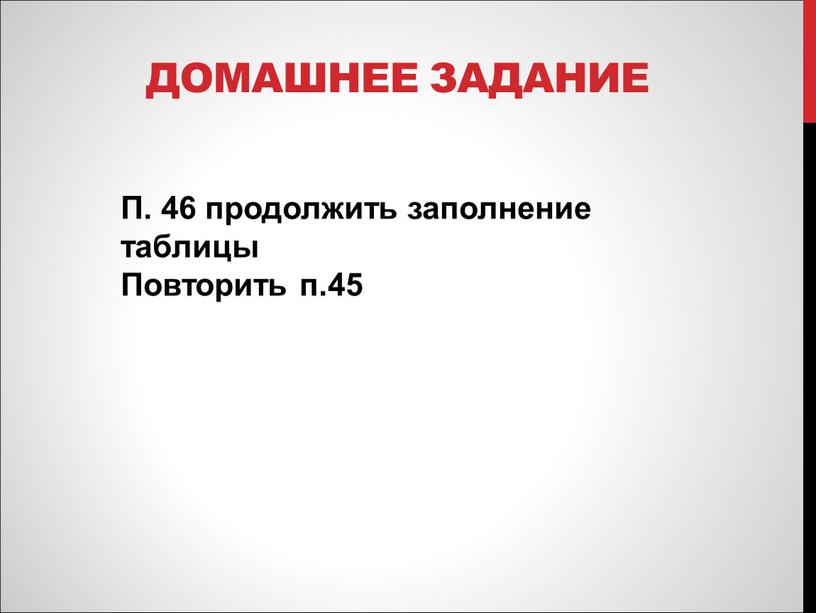 Домашнее задание П. 46 продолжить заполнение таблицы