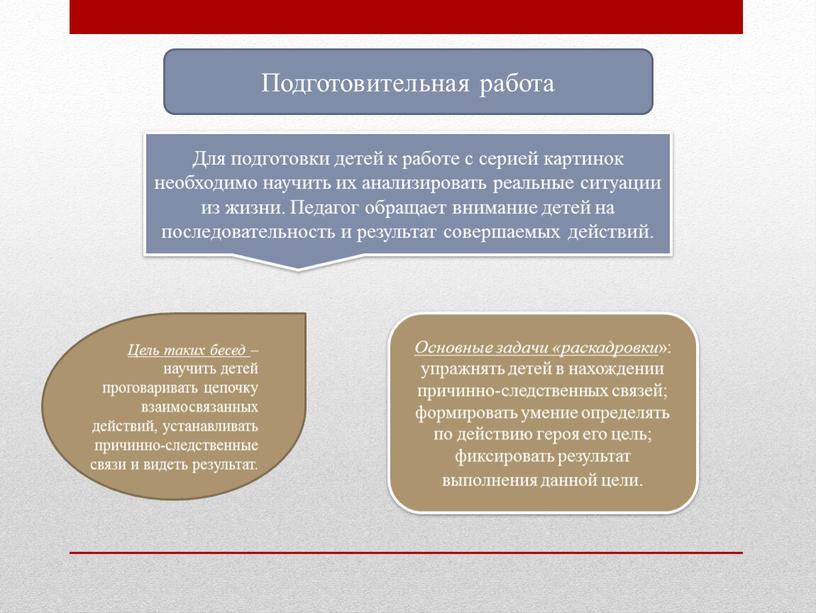 Подготовительная работа Основные задачи «раскадровки »: упражнять детей в нахождении причинно-следственных связей; формировать умение определять по действию героя его цель; фиксировать результат выполнения данной цели