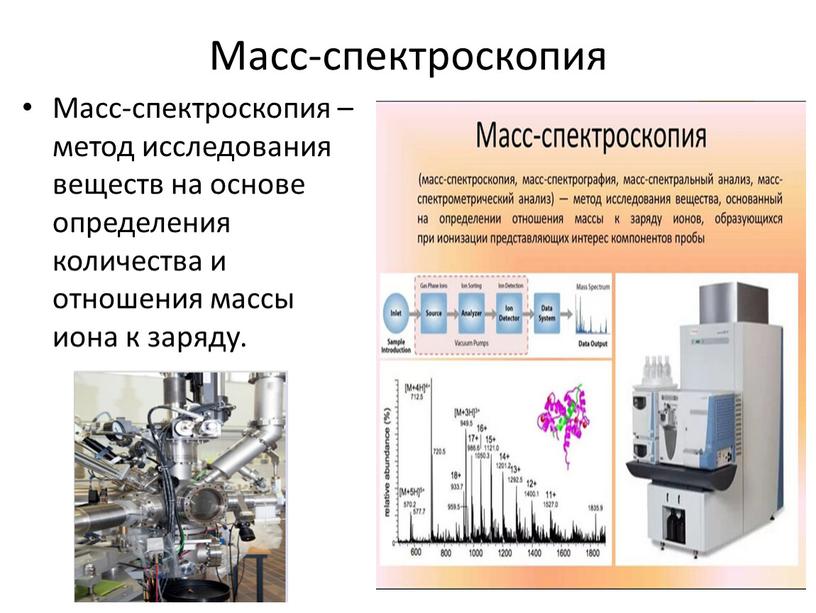 Масс-спектроскопия Масс-спектроскопия – метод исследования веществ на основе определения количества и отношения массы иона к заряду