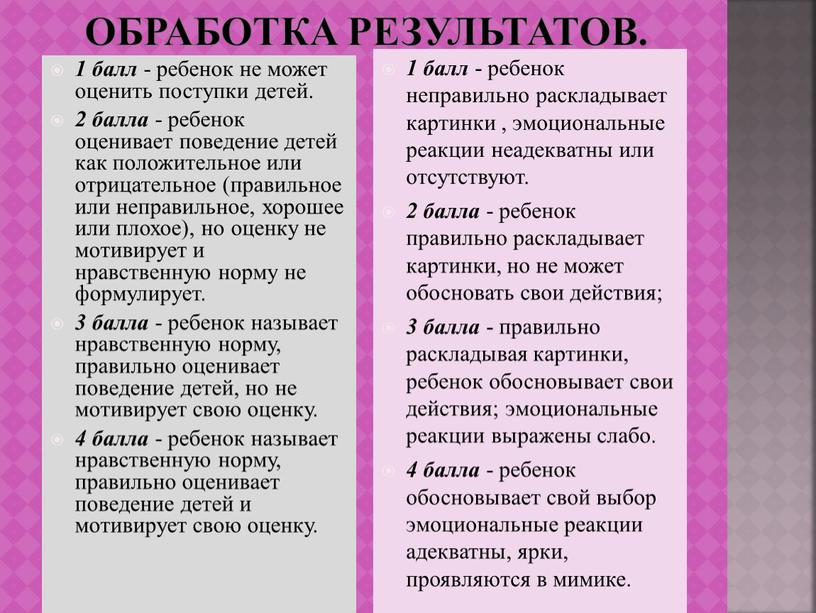 Обработка результатов. 1 балл - ребенок не может оценить поступки детей