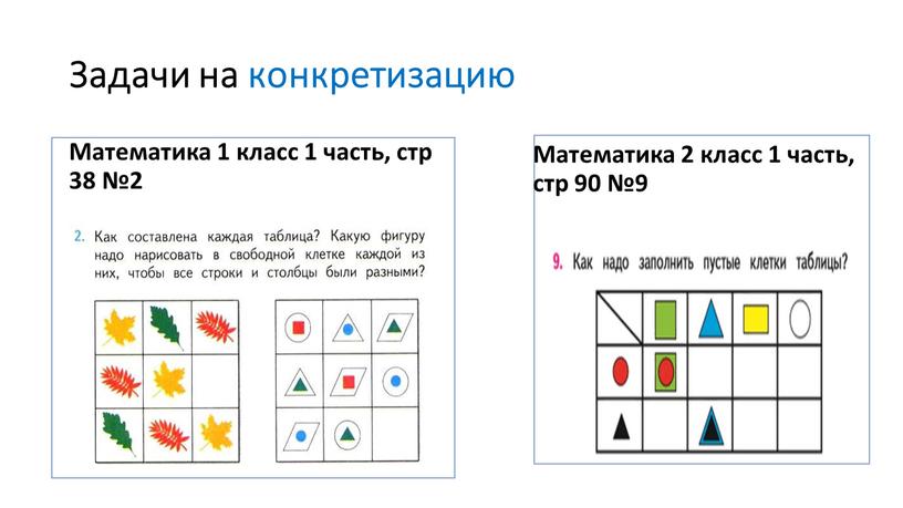 Задачи на конкретизацию Математика 1 класс 1 часть, стр 38 №2