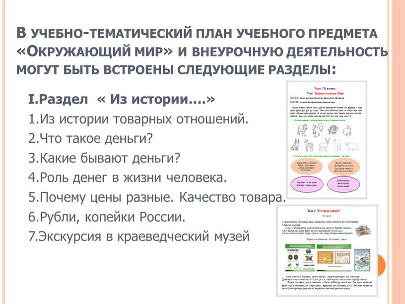 В учебно-тематический план учебного предмета «Окружающий мир» и внеурочную деятельность могут быть встроены следующие разделы: