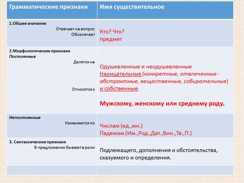 Грамматические признаки Имя существительное 1