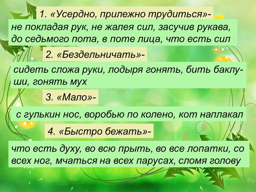 Усердно, прилежно трудиться»- не покладая рук, не жалея сил, засучив рукава, до седьмого пота, в поте лица, что есть сил 2