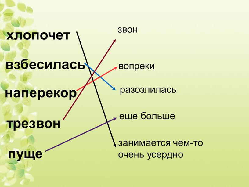 хлопочет взбесилась наперекор трезвон пуще звон вопреки разозлилась еще больше занимается чем-то очень усердно