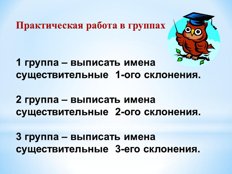 Практическая работа в группах 1 группа – выписать имена существительные 1-ого склонения