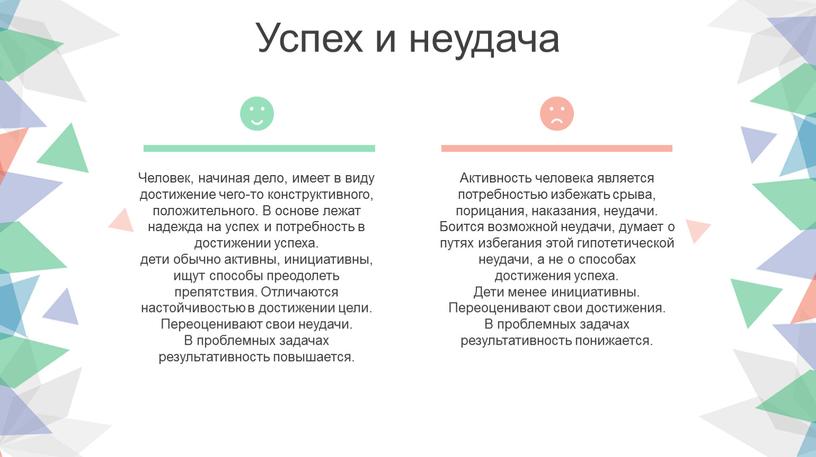 Успех и неудача Человек, начиная дело, имеет в виду достижение чего-то конструктивного, положительного