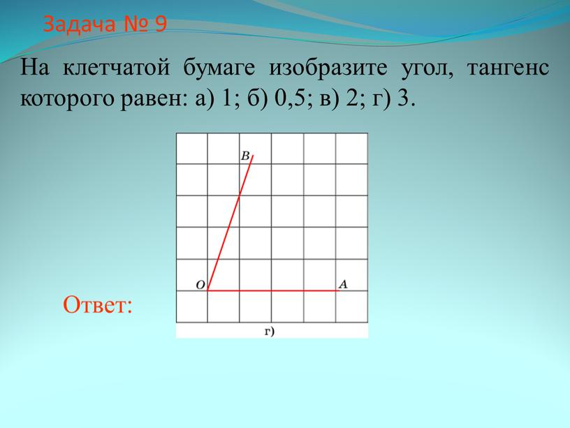 Задача № 9 На клетчатой бумаге изобразите угол, тангенс которого равен: а) 1; б) 0,5; в) 2; г) 3