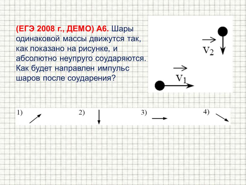 ЕГЭ 2008 г., ДЕМО) А6. Шары одинаковой массы движутся так, как показано на рисунке, и абсолютно неупруго соударяются