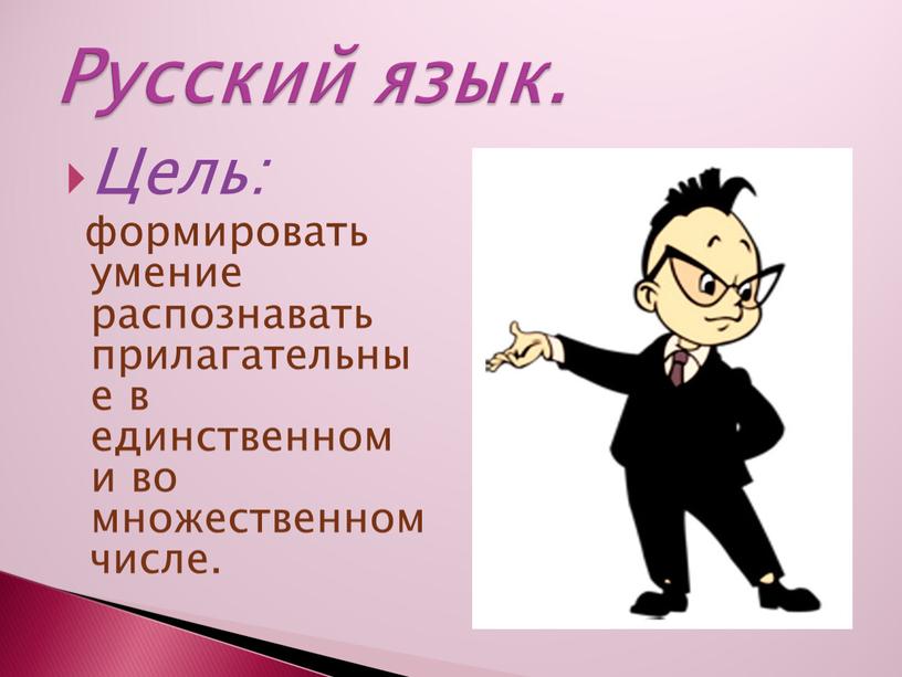 Цель: формировать умение распознавать прилагательные в единственном и во множественном числе