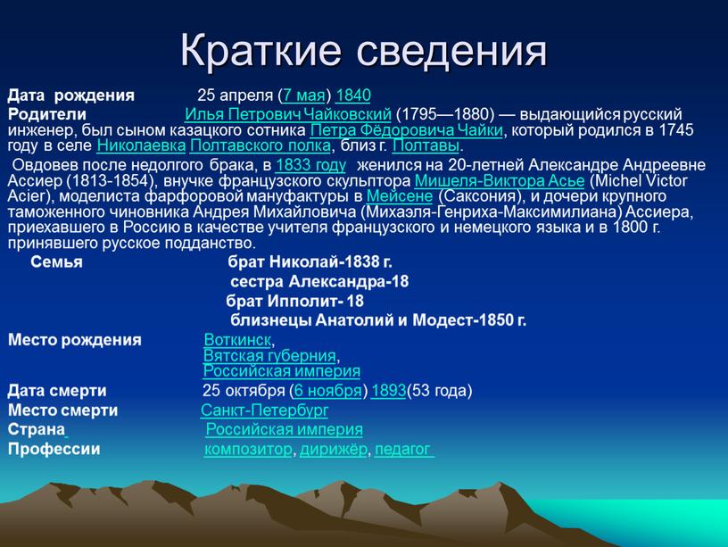 Краткие сведения Дата рождения 25 апреля (7 мая) 1840