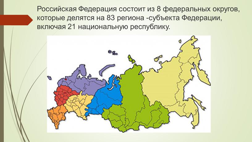 Российская Федерация состоит из 8 федеральных округов, которые делятся на 83 региона -субъекта