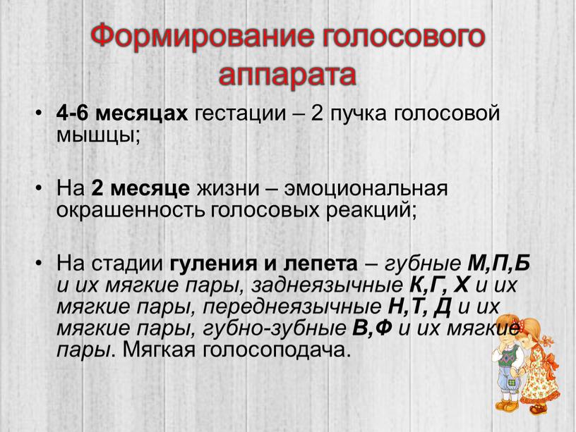 Формирование голосового аппарата 4-6 месяцах гестации – 2 пучка голосовой мышцы;